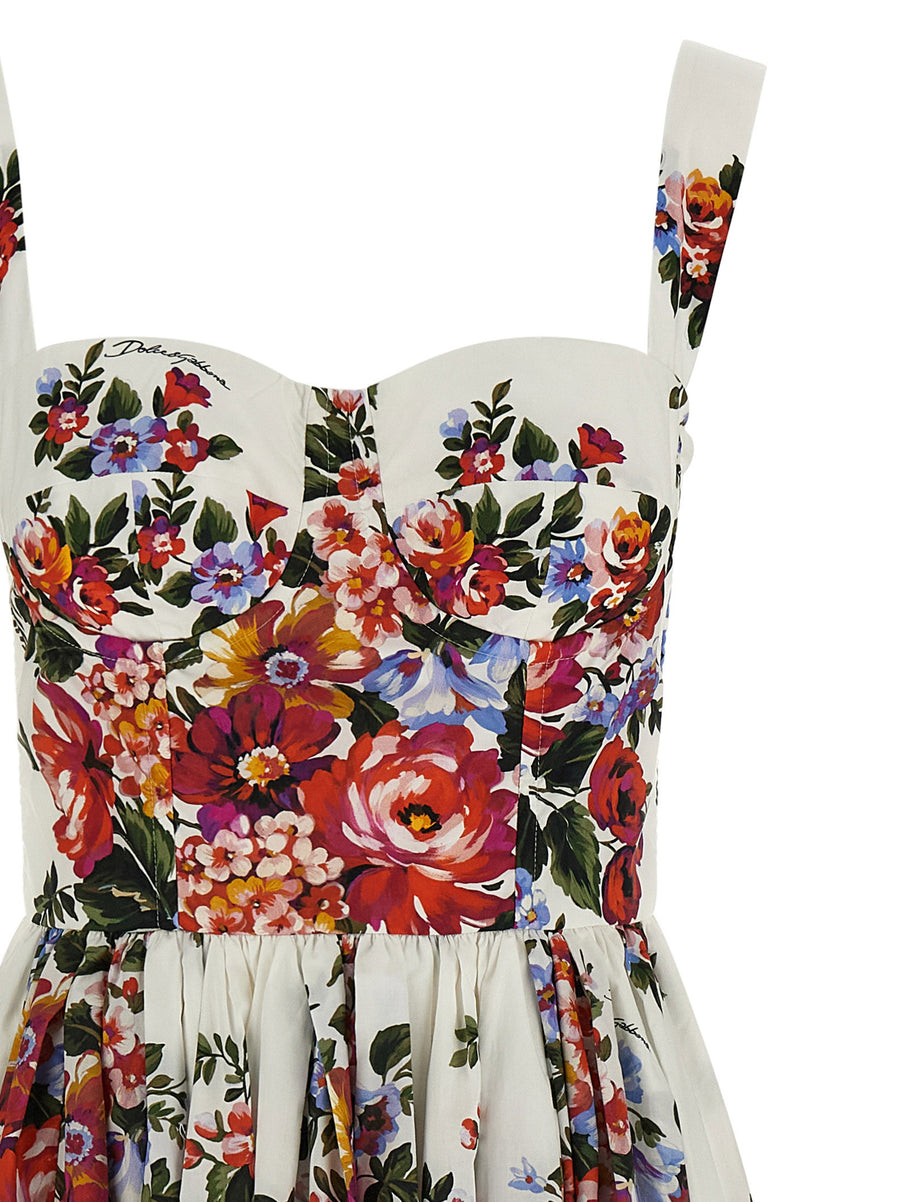 Dolce And Gabbana Mazzo Di Fiori Print Cotton Midi Dress With Bustier Bodice
