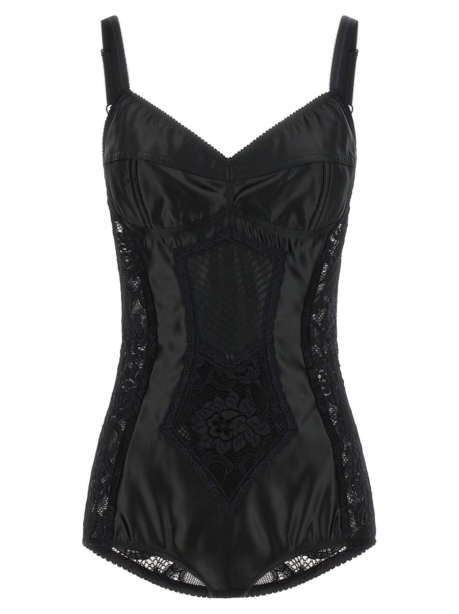 Dolce Gabbana Satin And Lace Corsetry Luxurious Black Bodysuit