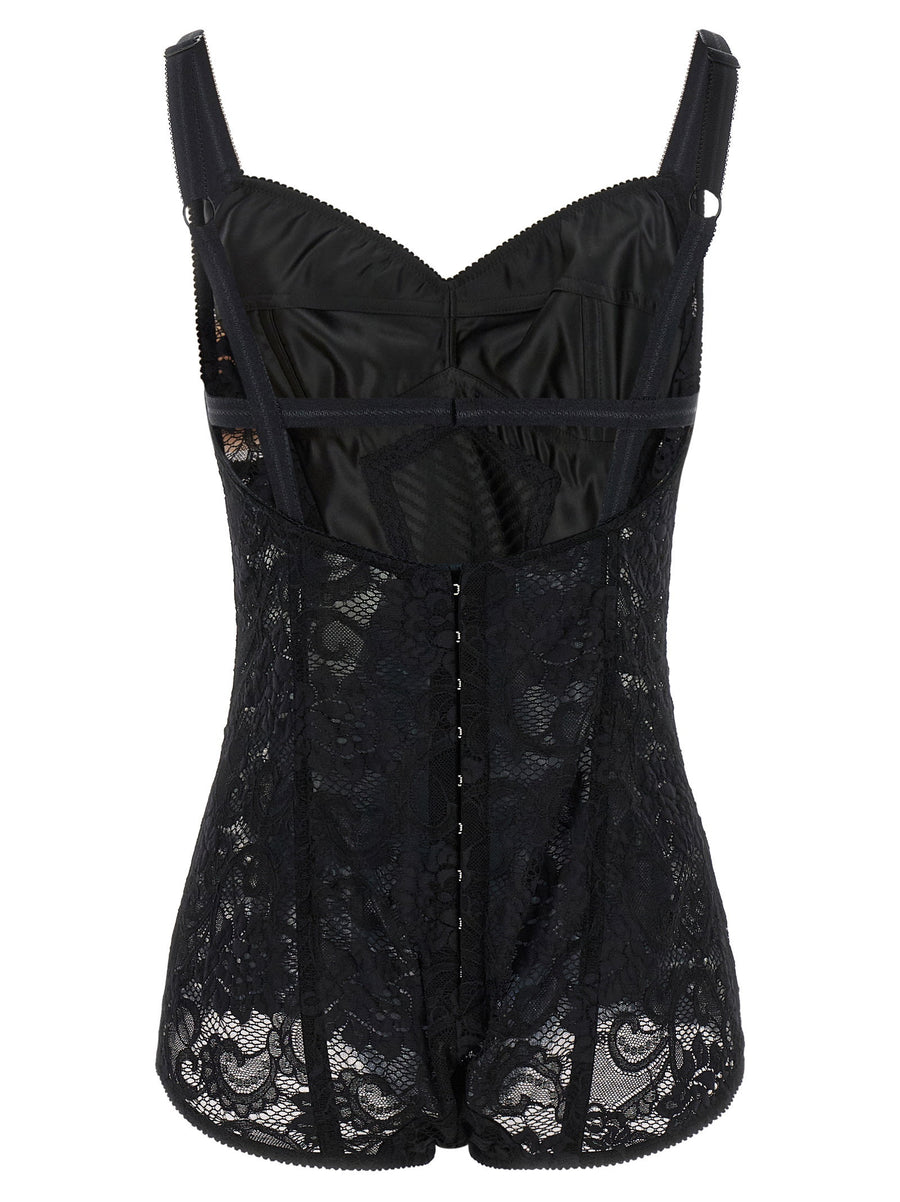 Dolce Gabbana Satin And Lace Corsetry Luxurious Black Bodysuit