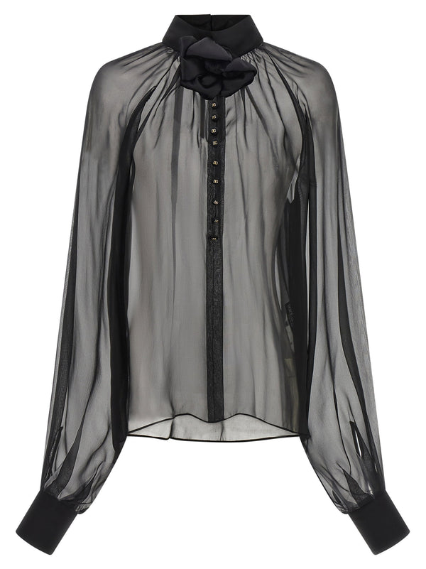 Dolce and Gabbana Black Silk Chiffon Blouse with Floral Embellishment