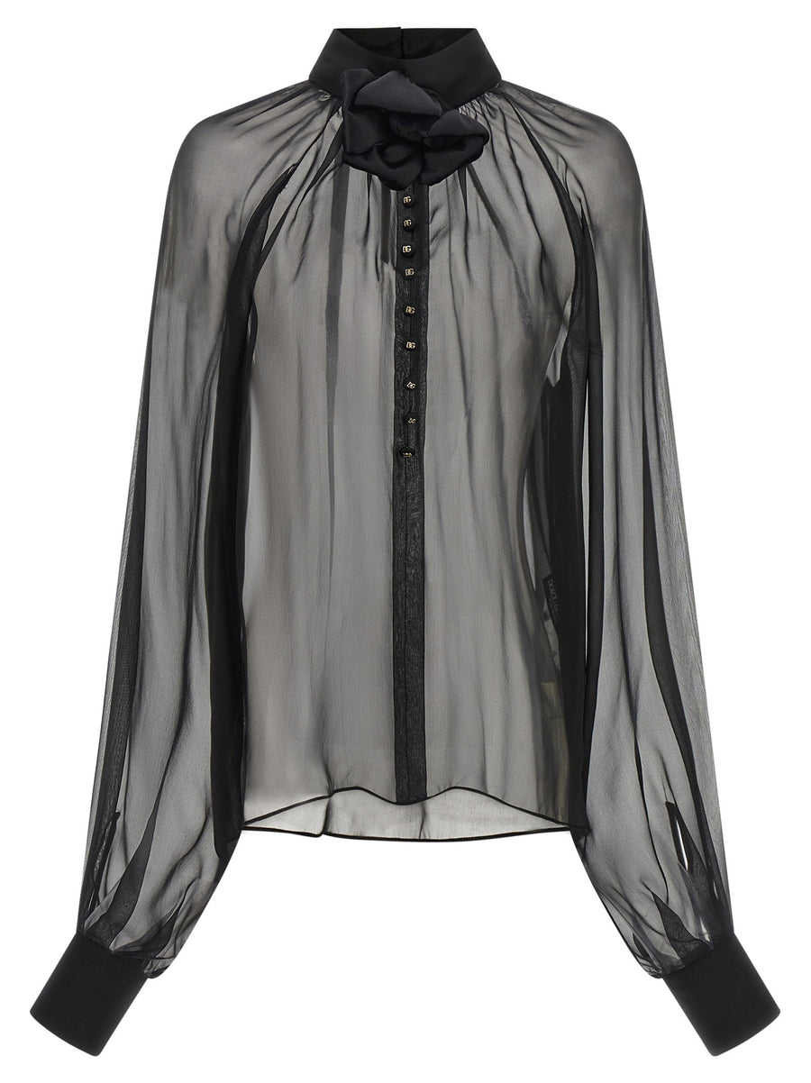 Dolce and Gabbana Black Silk Chiffon Blouse with Floral Embellishment
