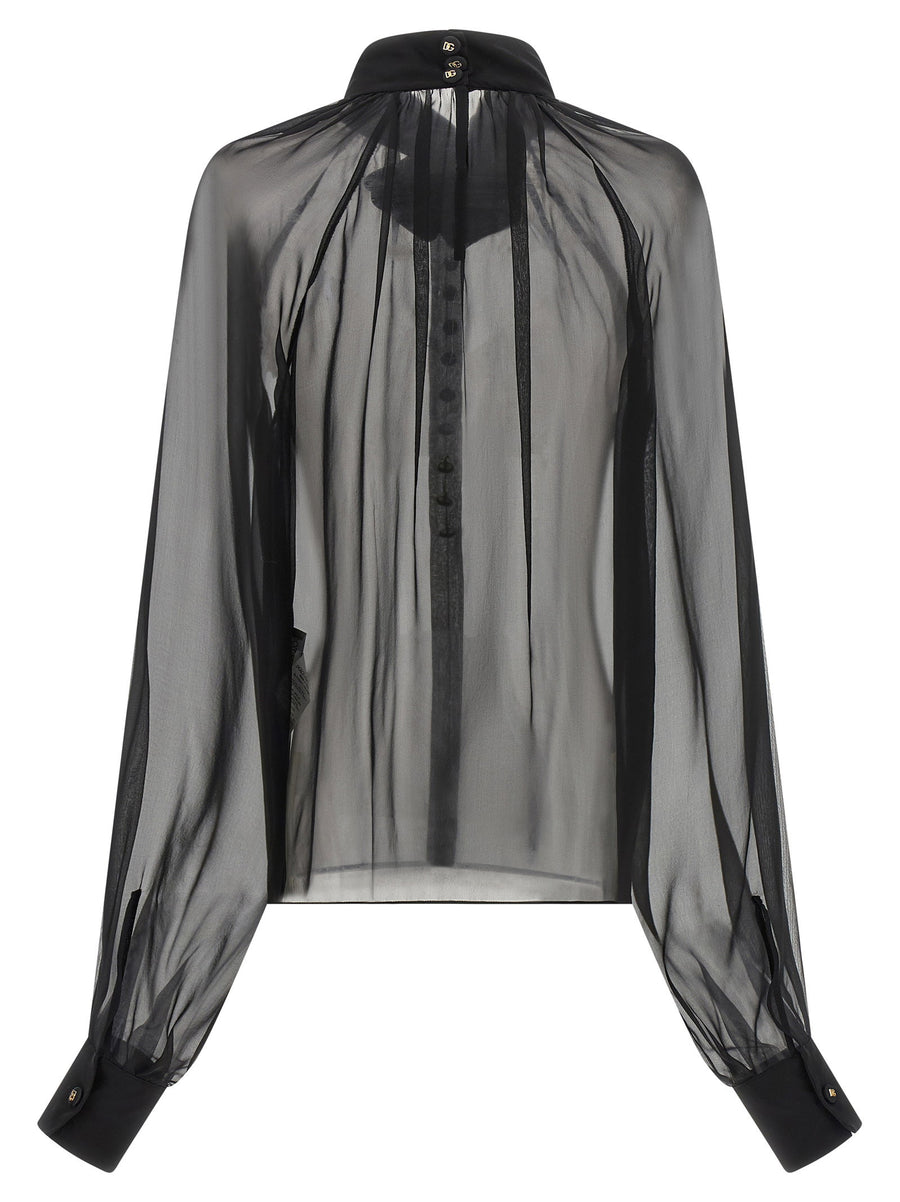 Dolce and Gabbana Black Silk Chiffon Blouse with Floral Embellishment
