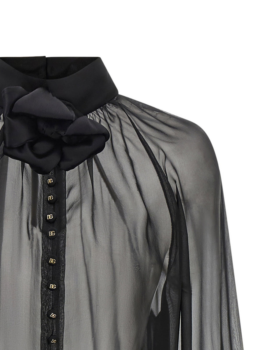 Dolce and Gabbana Black Silk Chiffon Blouse with Floral Embellishment