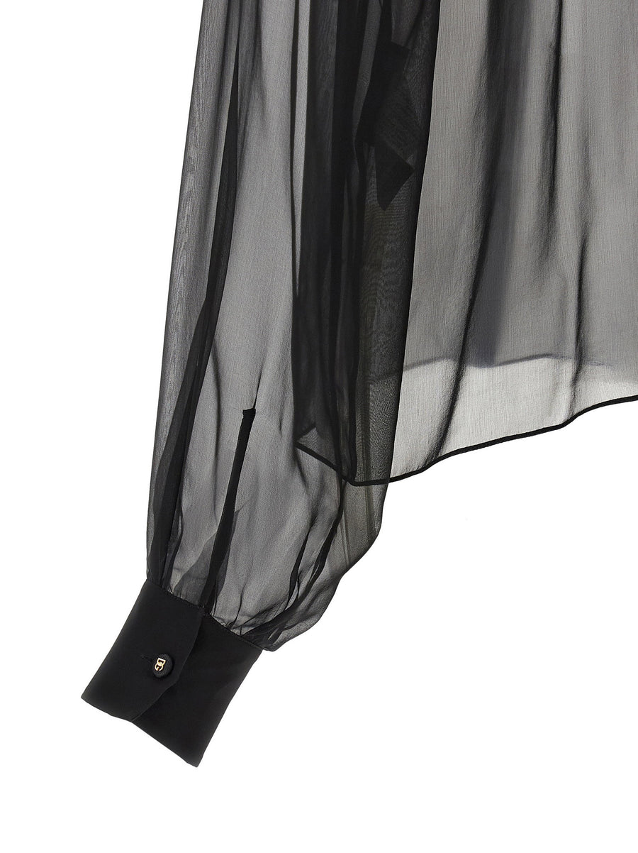 Dolce and Gabbana Black Silk Chiffon Blouse with Floral Embellishment