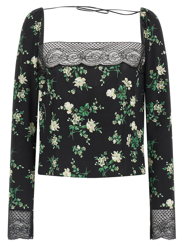 Dolce and Gabbana Flower Print Silk Top For Women With Lace Inserts And Back Zip Closure