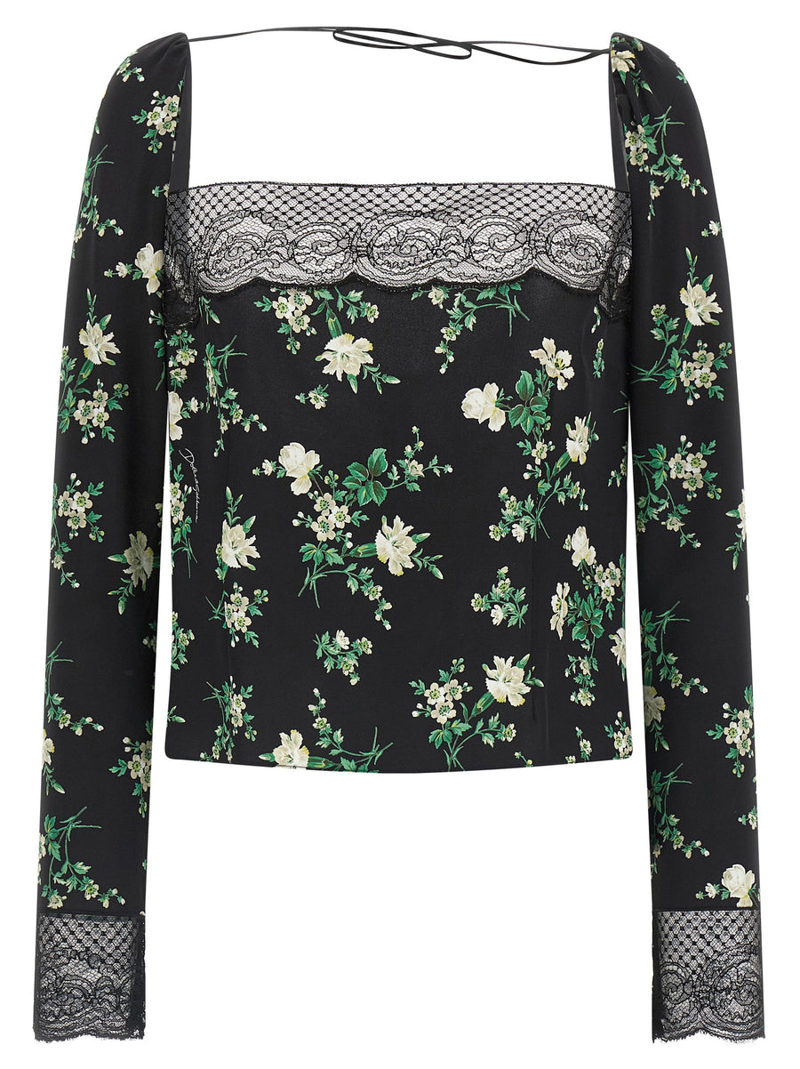Dolce and Gabbana Flower Print Silk Top For Women With Lace Inserts And Back Zip Closure