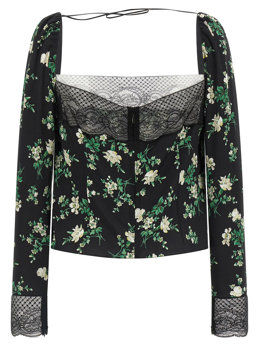 Dolce and Gabbana Flower Print Silk Top For Women With Lace Inserts And Back Zip Closure