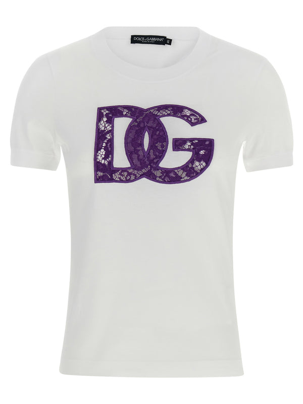 Dolce And Gabbana Lace T Shirt White Premium 100 Cotton Openwork Logo Insert For Women
