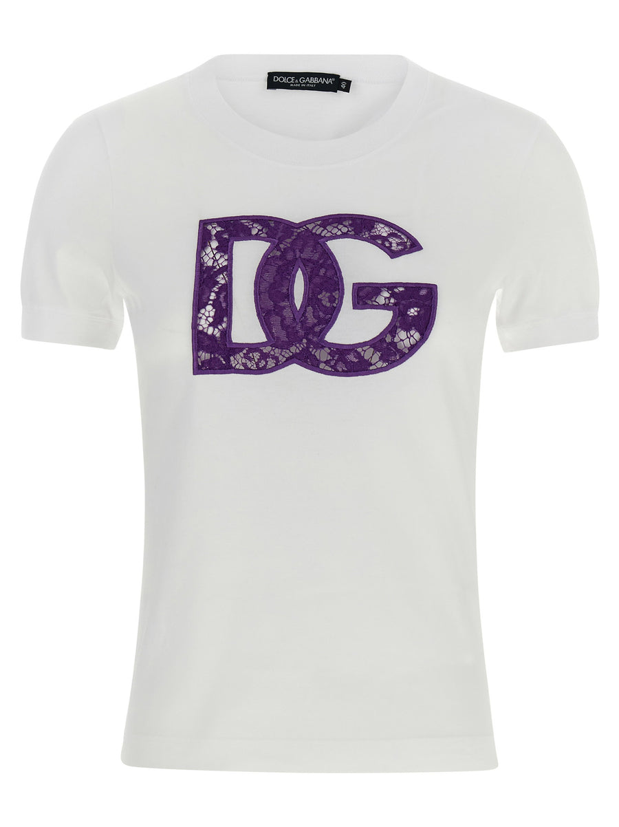 Dolce And Gabbana Lace T Shirt White Premium 100 Cotton Openwork Logo Insert For Women