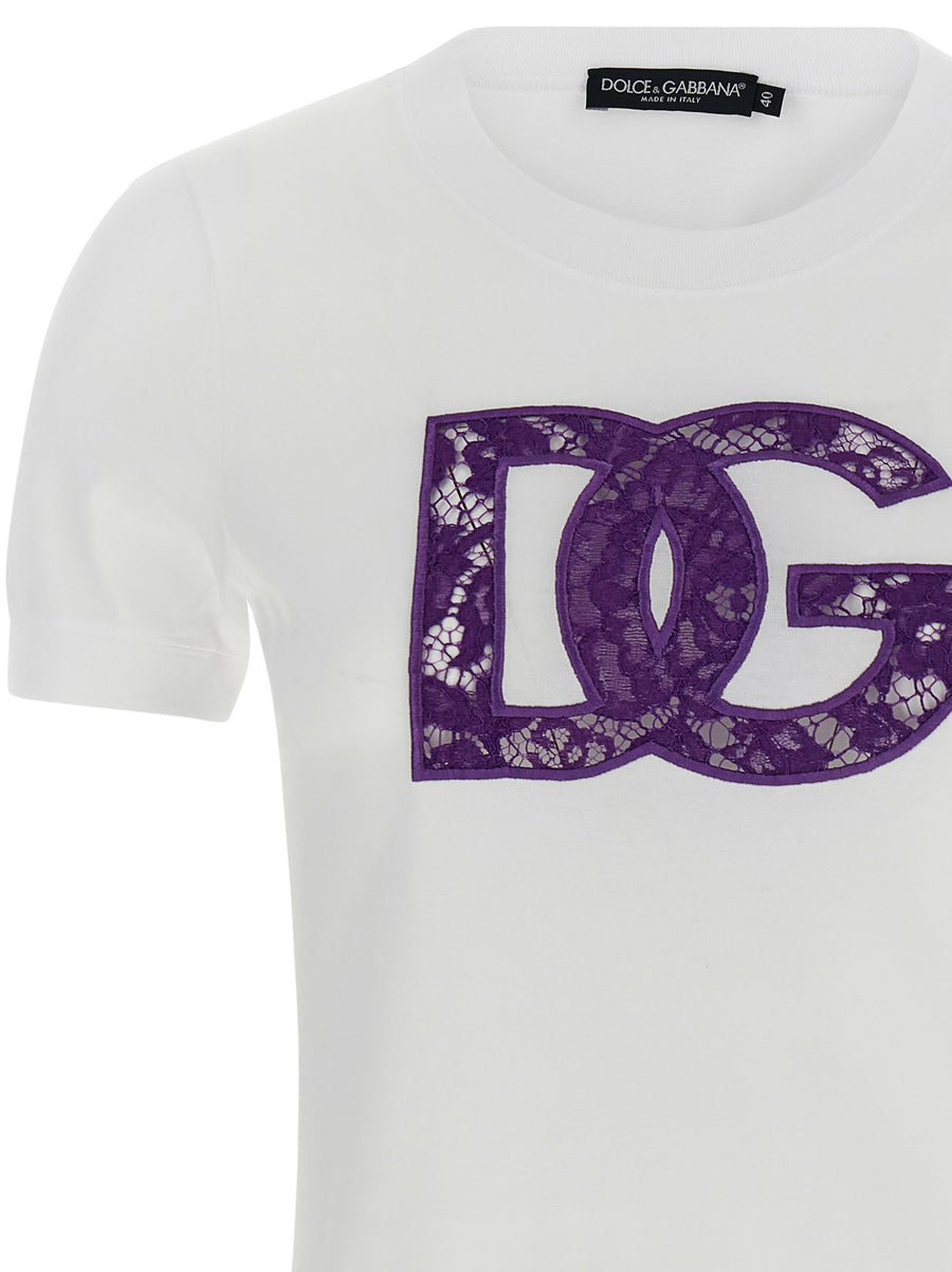 Dolce And Gabbana Lace T Shirt White Premium 100 Cotton Openwork Logo Insert For Women