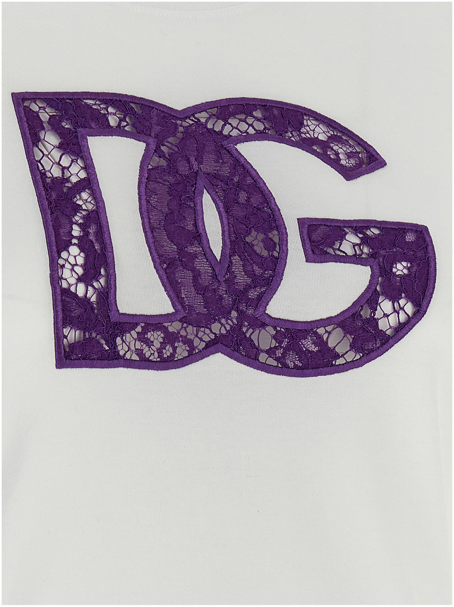 Dolce And Gabbana Lace T Shirt White Premium 100 Cotton Openwork Logo Insert For Women