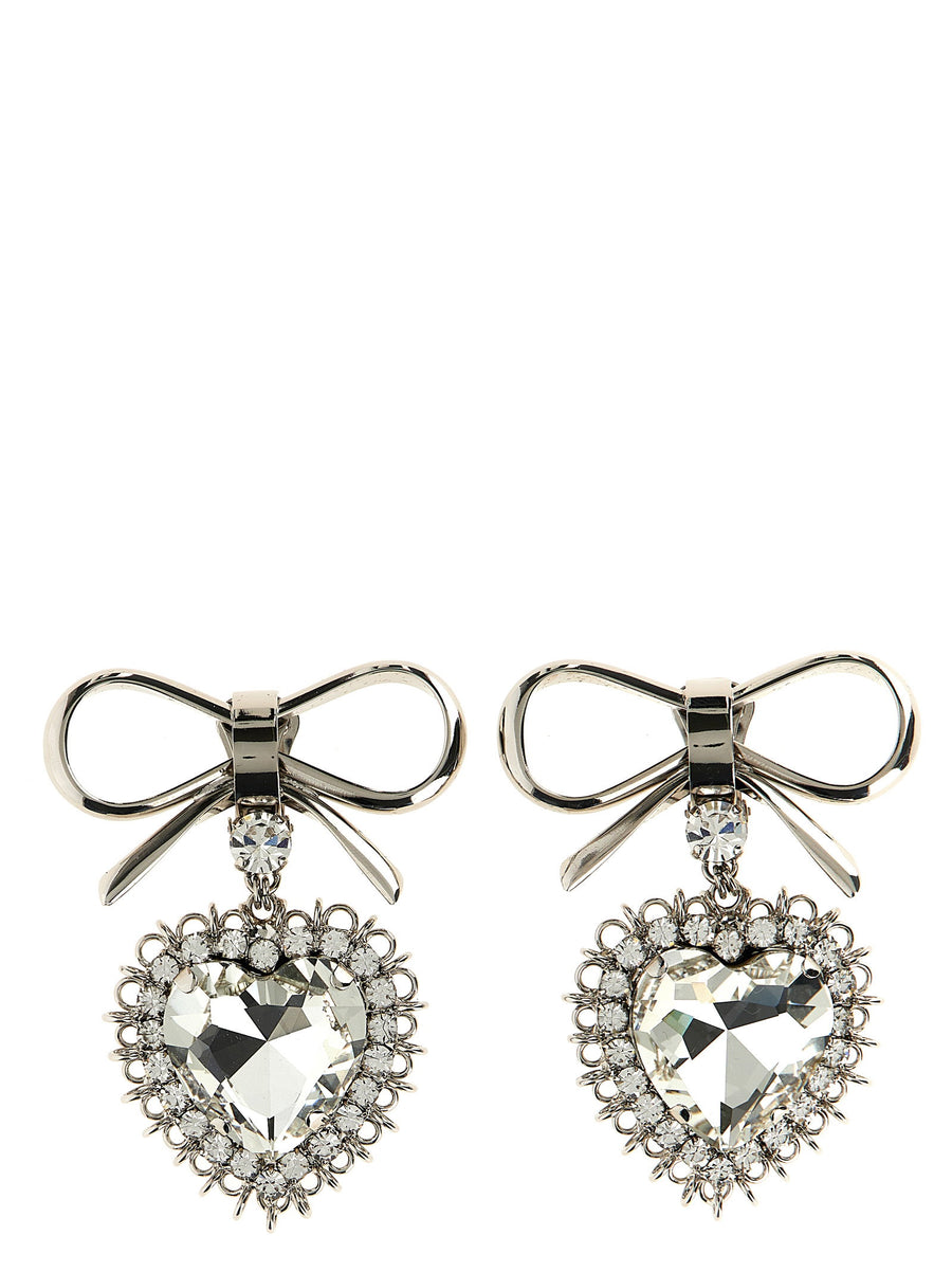 Alessandra Rich Metal Bow Earrings Glamorous Silver With Crystal Heart Pendant For Women