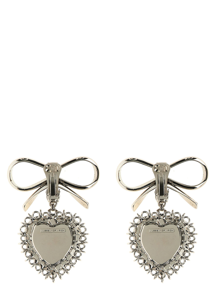Alessandra Rich Metal Bow Earrings Glamorous Silver With Crystal Heart Pendant For Women