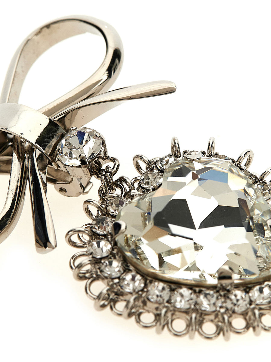 Alessandra Rich Metal Bow Earrings Glamorous Silver With Crystal Heart Pendant For Women