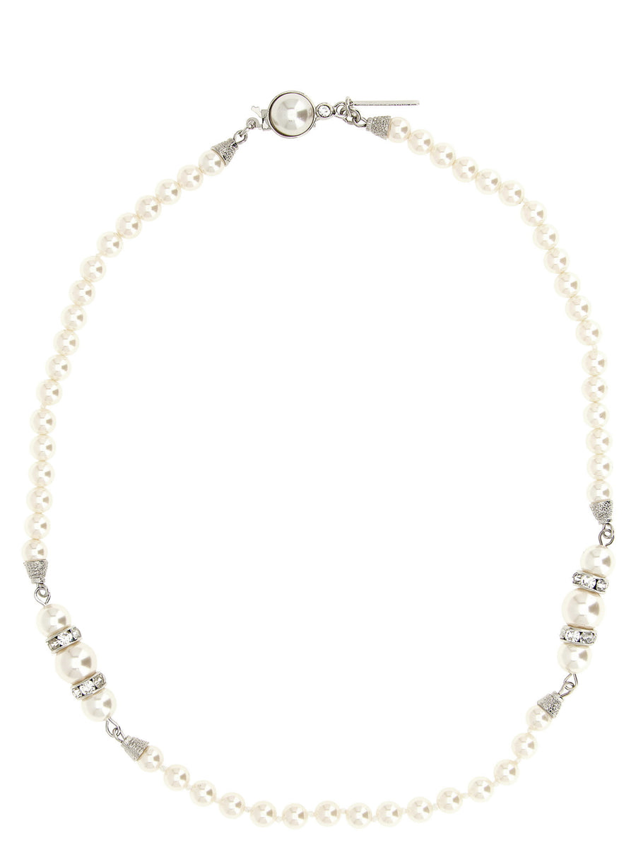 Pearl Necklace Alessandra Rich Crystal Accented White Glass Pearls Interlocking Closure Elegant For Women