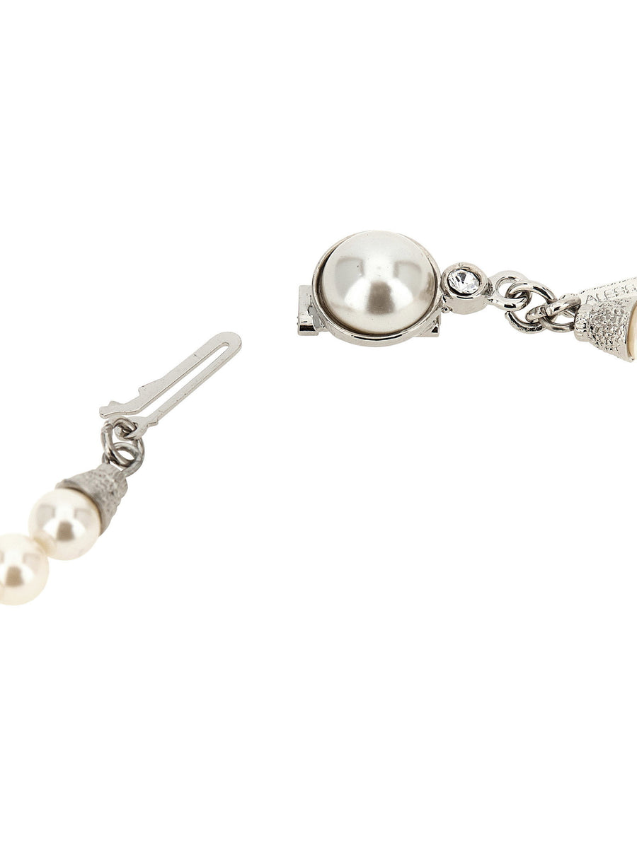 Pearl Necklace Alessandra Rich Crystal Accented White Glass Pearls Interlocking Closure Elegant For Women
