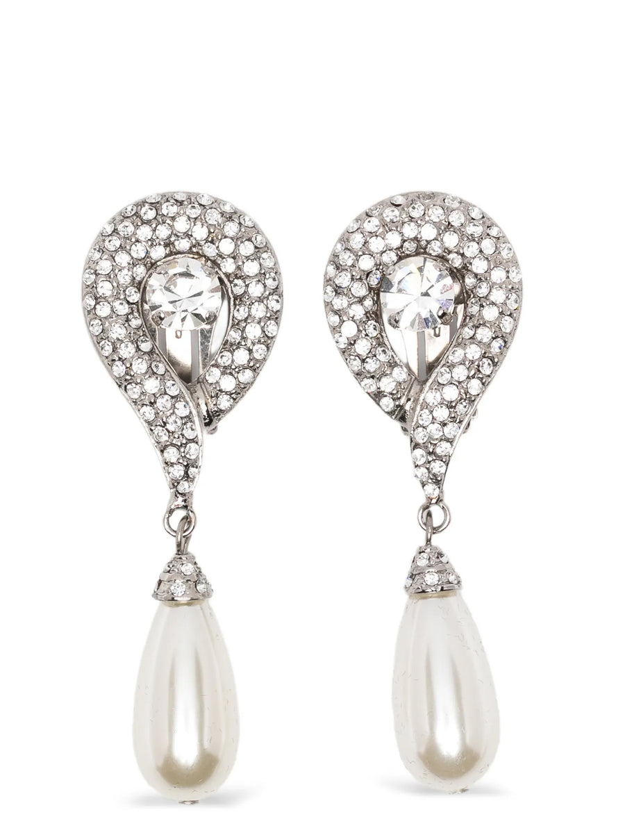 Alessandra Rich Pearl Pendant Earrings With Crystals Clip Closure For Evening Glamour Chic Women