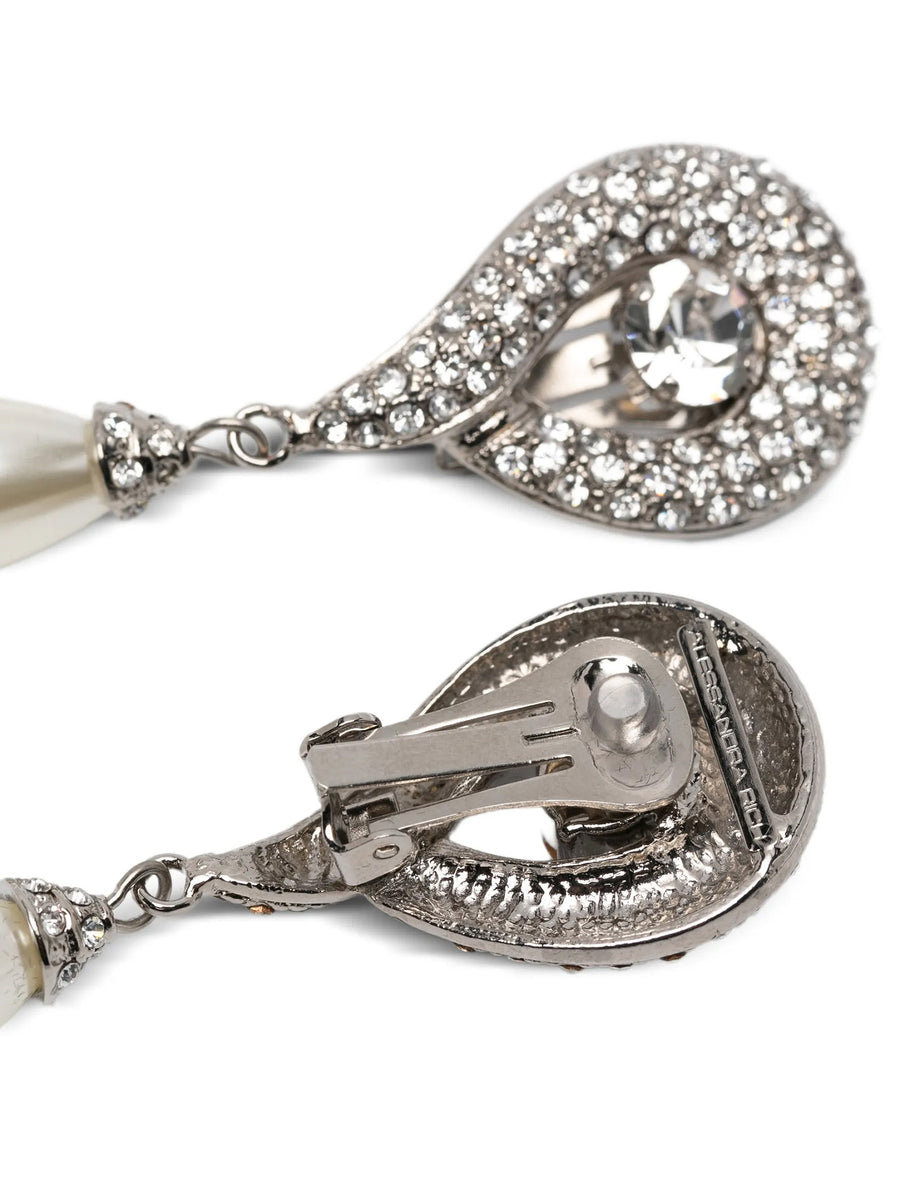 Alessandra Rich Pearl Pendant Earrings With Crystals Clip Closure For Evening Glamour Chic Women