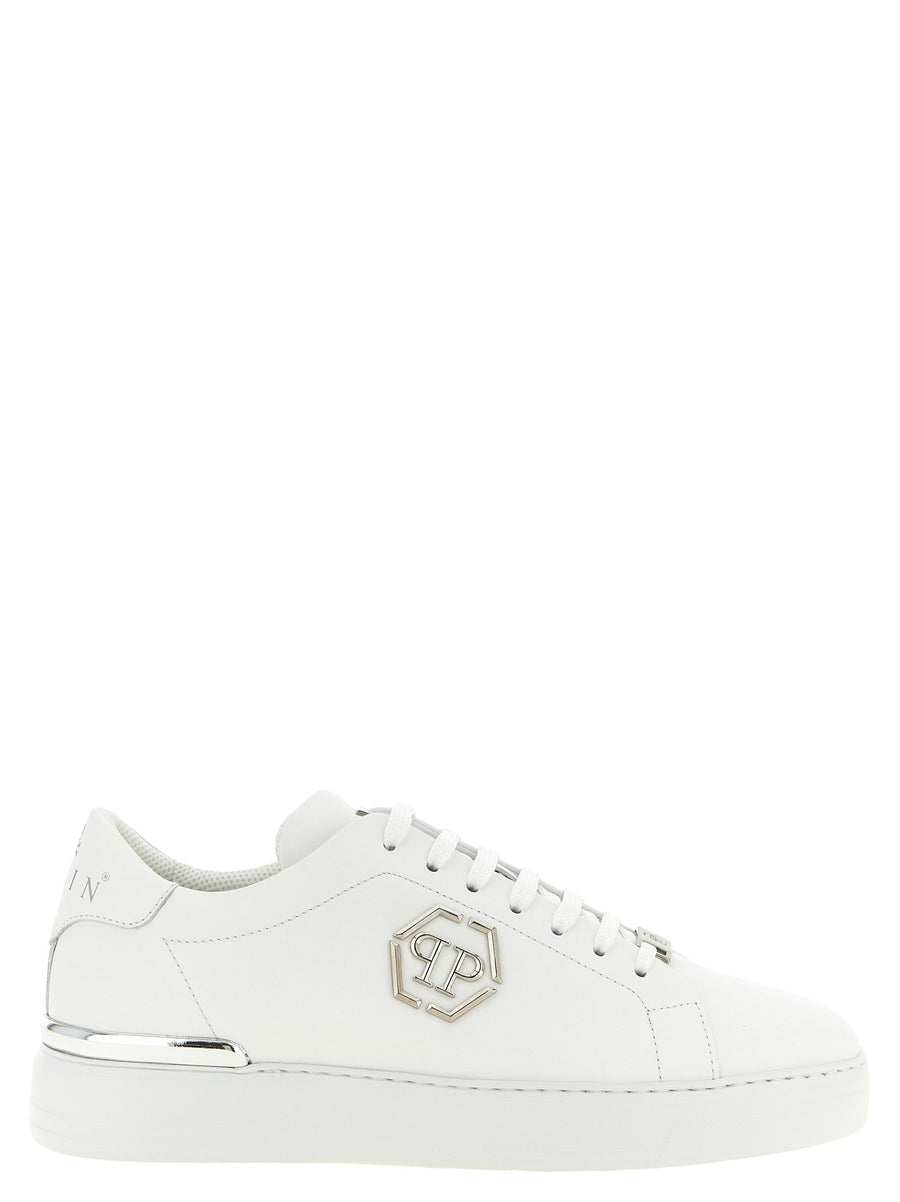 Philipp Plein Lo Top Hexagon Sneakers For Men In White Calfskin Leather With Coconut Print Heel