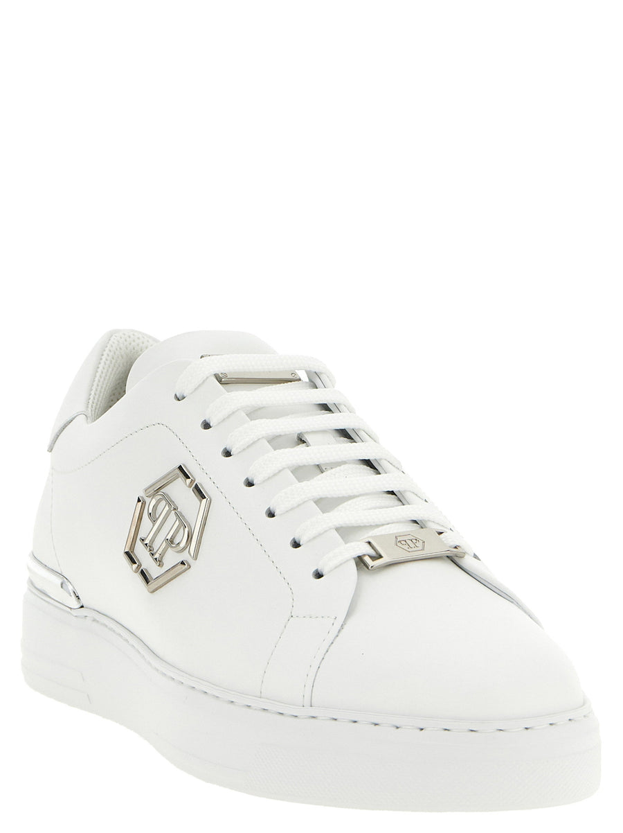 Philipp Plein Lo Top Hexagon Sneakers For Men In White Calfskin Leather With Coconut Print Heel