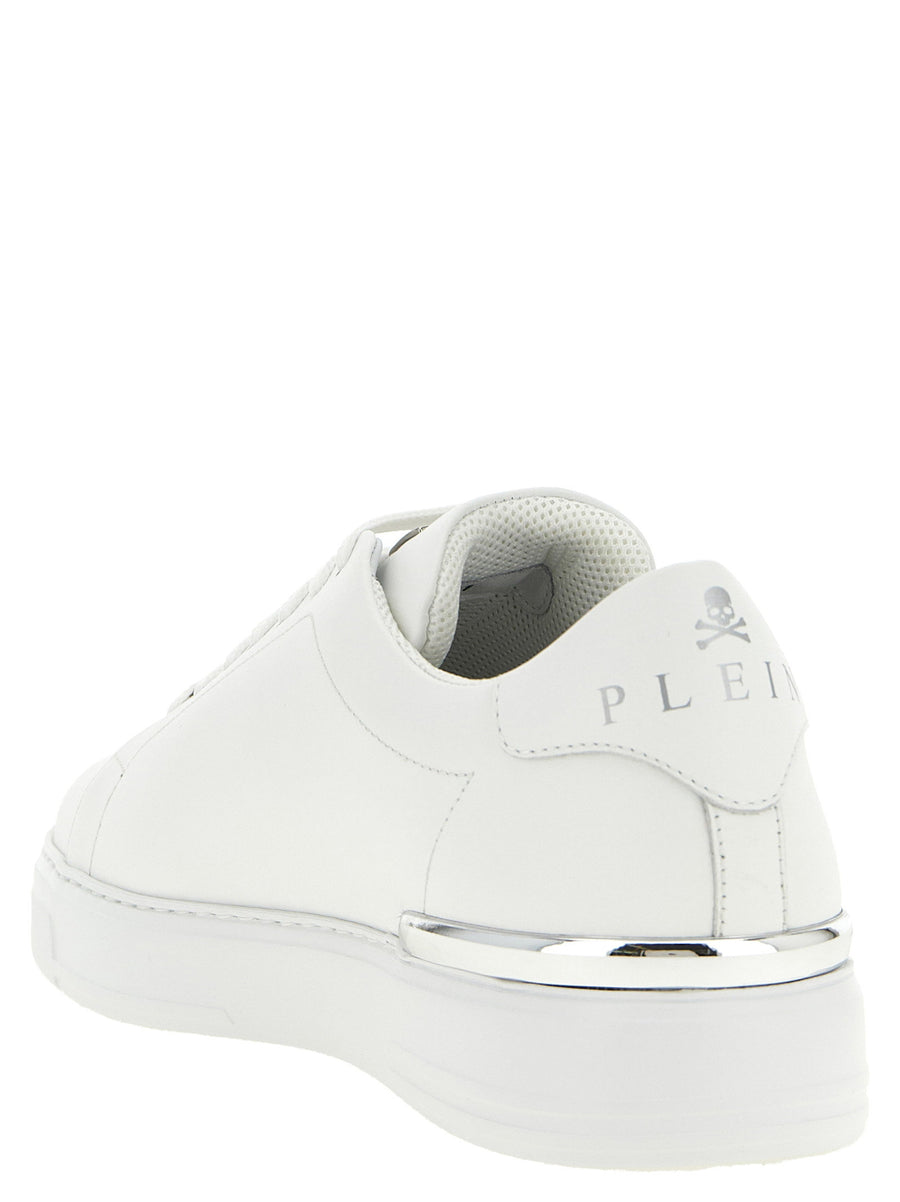 Philipp Plein Lo Top Hexagon Sneakers For Men In White Calfskin Leather With Coconut Print Heel