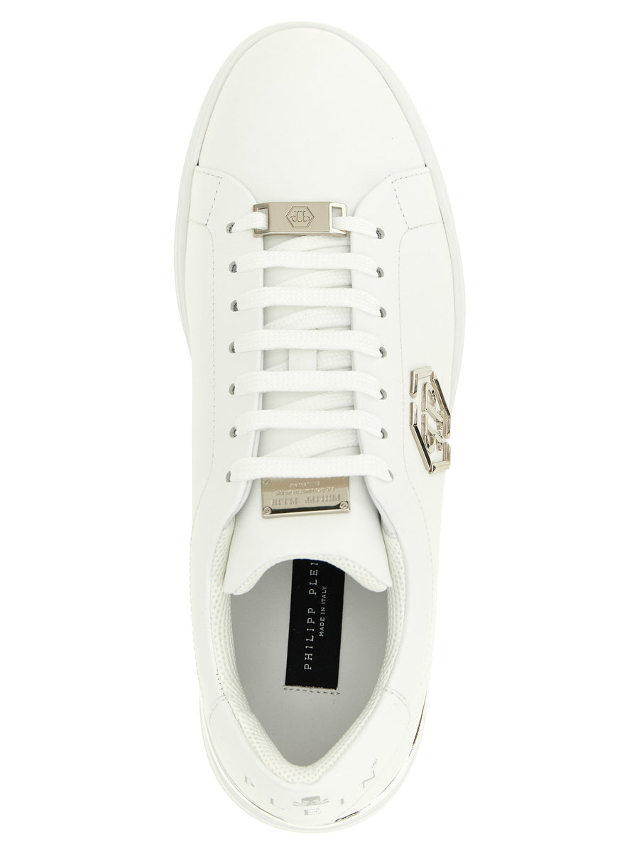 Philipp Plein Lo Top Hexagon Sneakers For Men In White Calfskin Leather With Coconut Print Heel