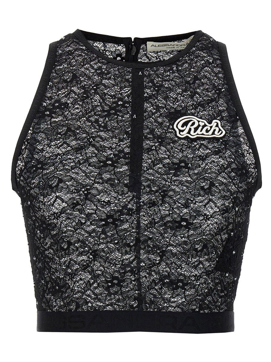Alessandra Rich Rhinestone Lace Top for Women Cropped Black Evening Wear with Logo Embroidery
