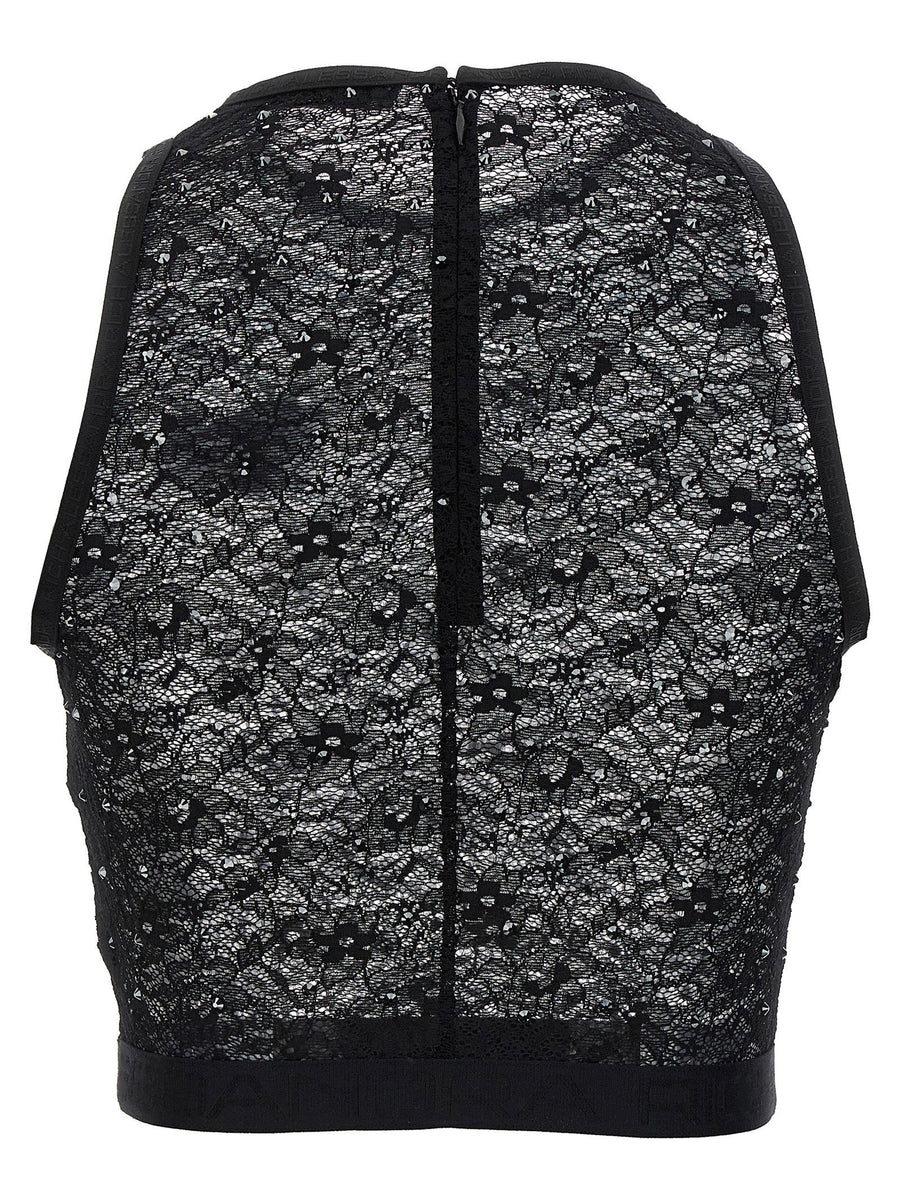 Alessandra Rich Rhinestone Lace Top for Women Cropped Black Evening Wear with Logo Embroidery