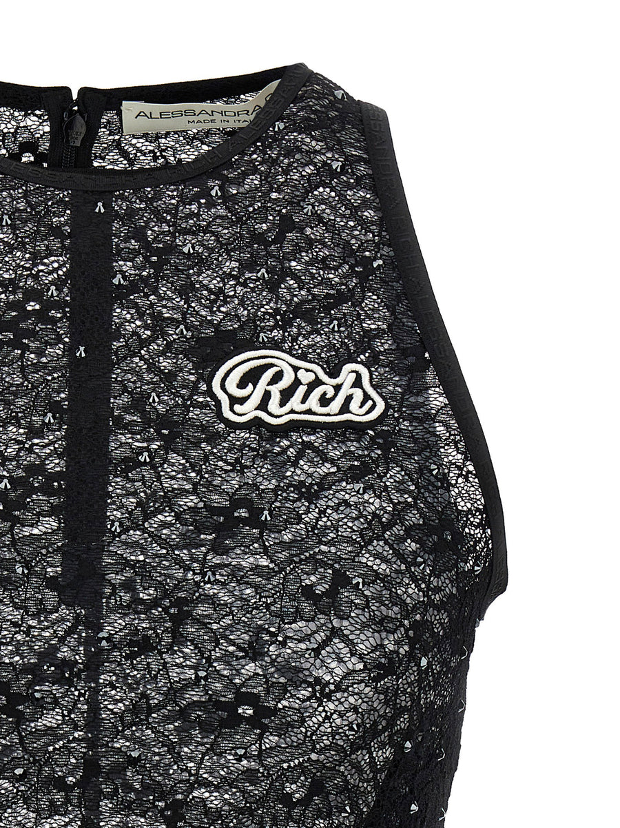 Alessandra Rich Rhinestone Lace Top for Women Cropped Black Evening Wear with Logo Embroidery
