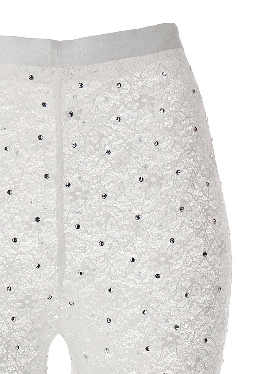Alessandra Rich Rhinestone Lace Leggings Luxurious Sparkle White Stretch For Fashionable Women Day To Night