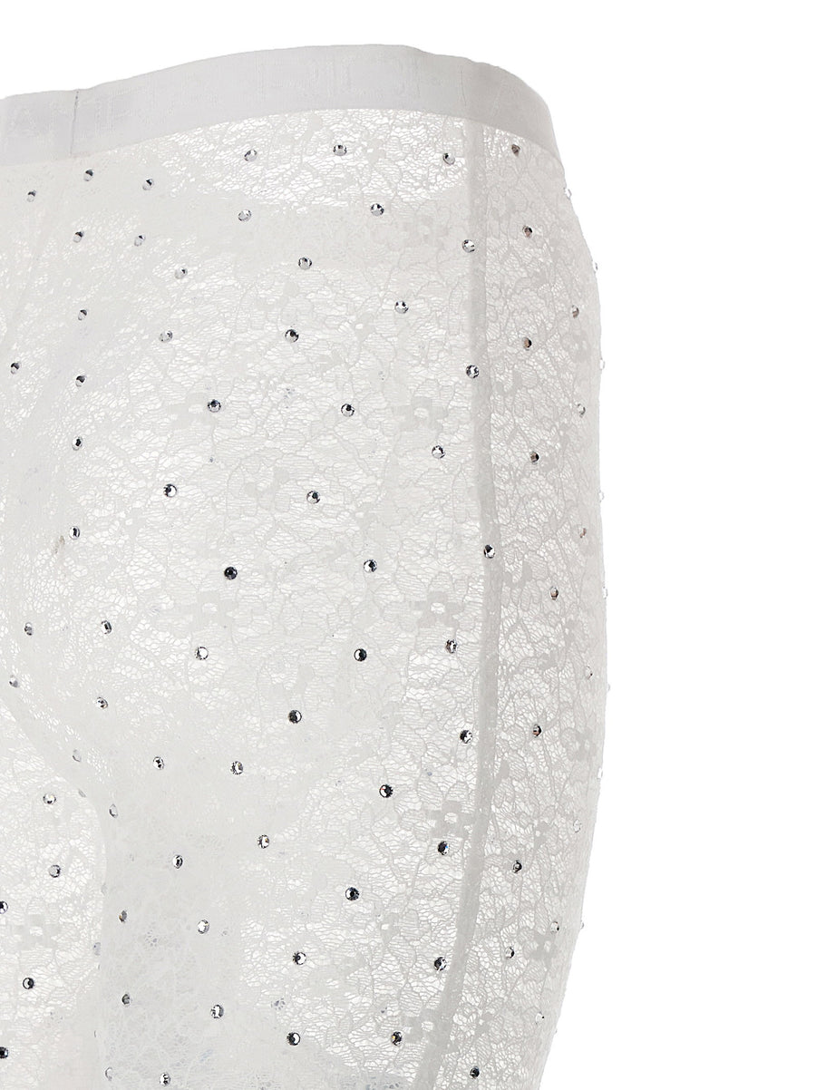 Alessandra Rich Rhinestone Lace Leggings Luxurious Sparkle White Stretch For Fashionable Women Day To Night
