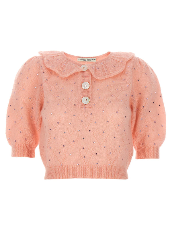 Alessandra Rich Pink Rhinestone Applique Mohair Sweater Short Sleeve Top
