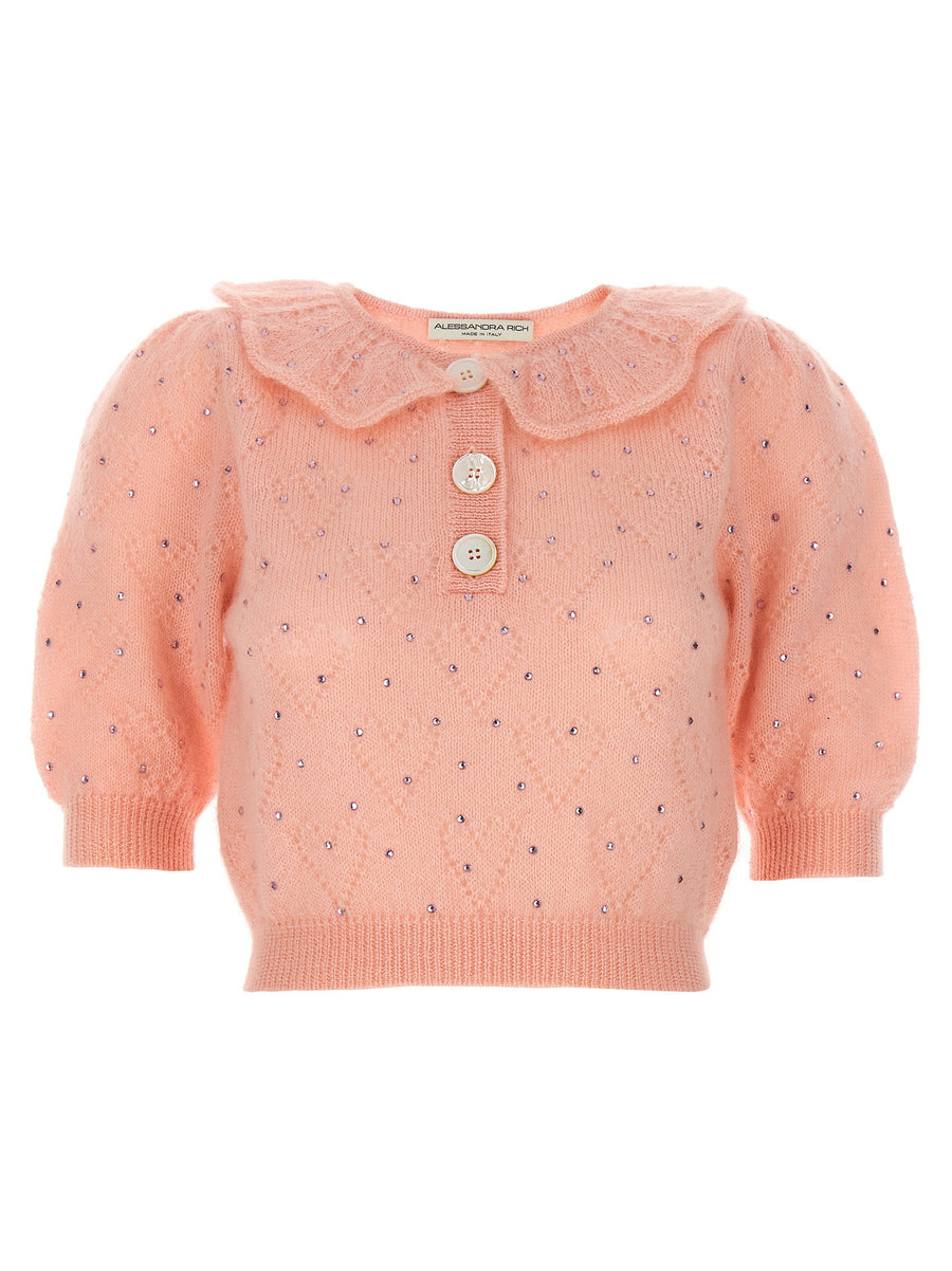 Alessandra Rich Pink Rhinestone Applique Mohair Sweater Short Sleeve Top