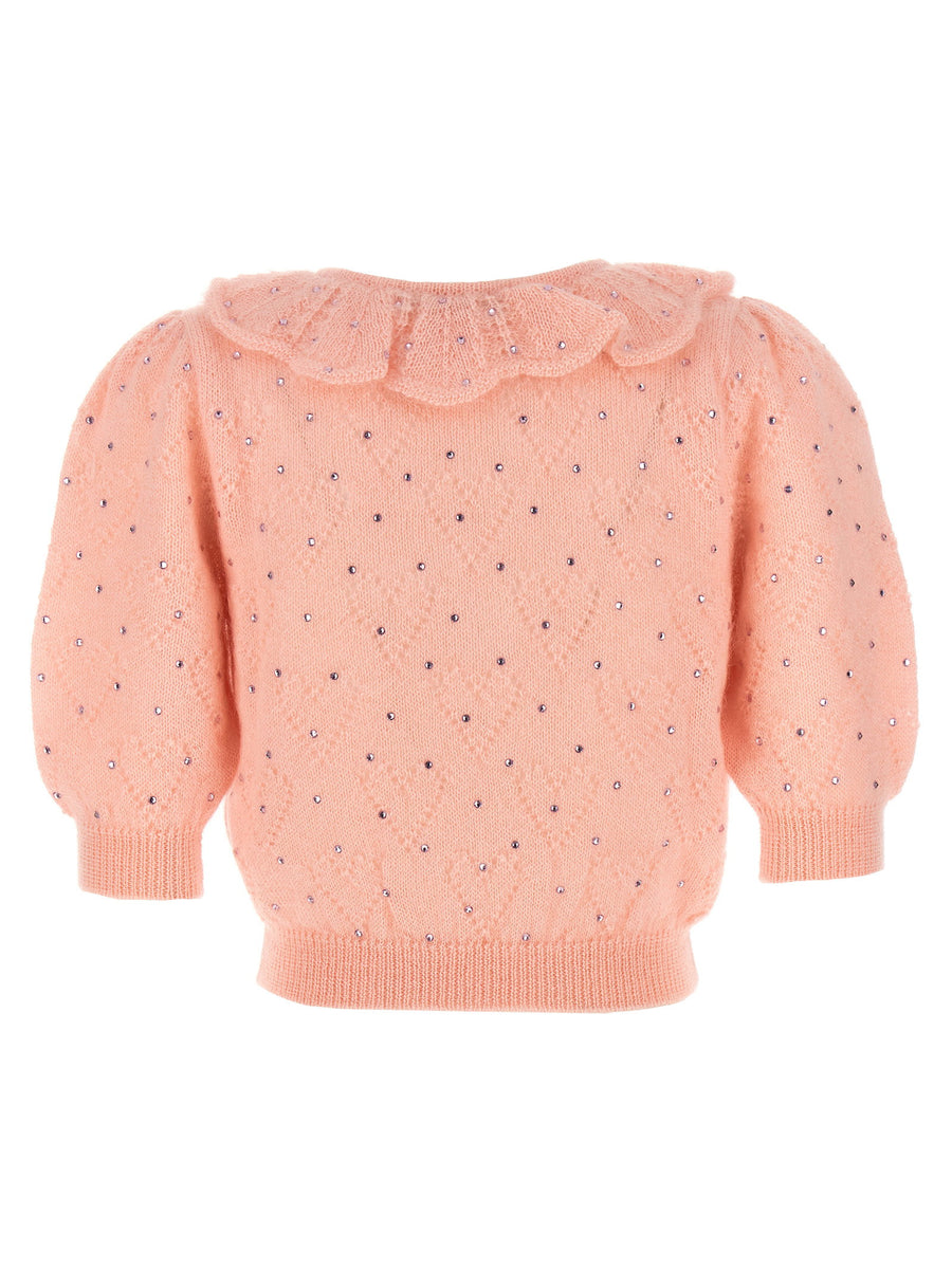 Alessandra Rich Pink Rhinestone Applique Mohair Sweater Short Sleeve Top
