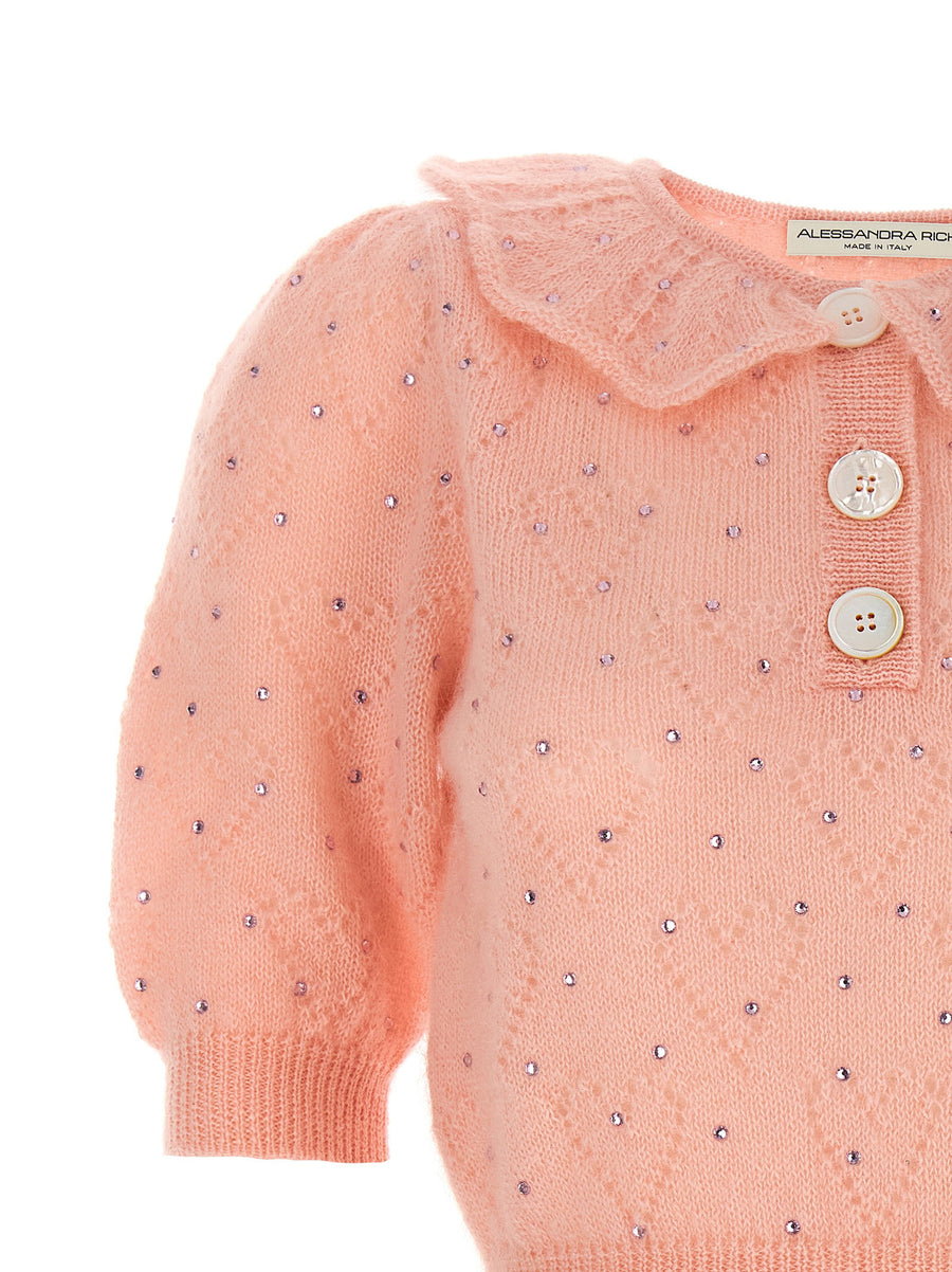 Alessandra Rich Pink Rhinestone Applique Mohair Sweater Short Sleeve Top