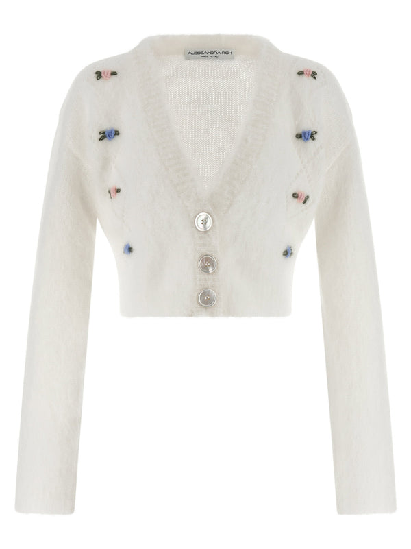 Alessandra Rich Luxury Carded Mohair Cardigan Couture Cropped Knit With Embroidery For Women