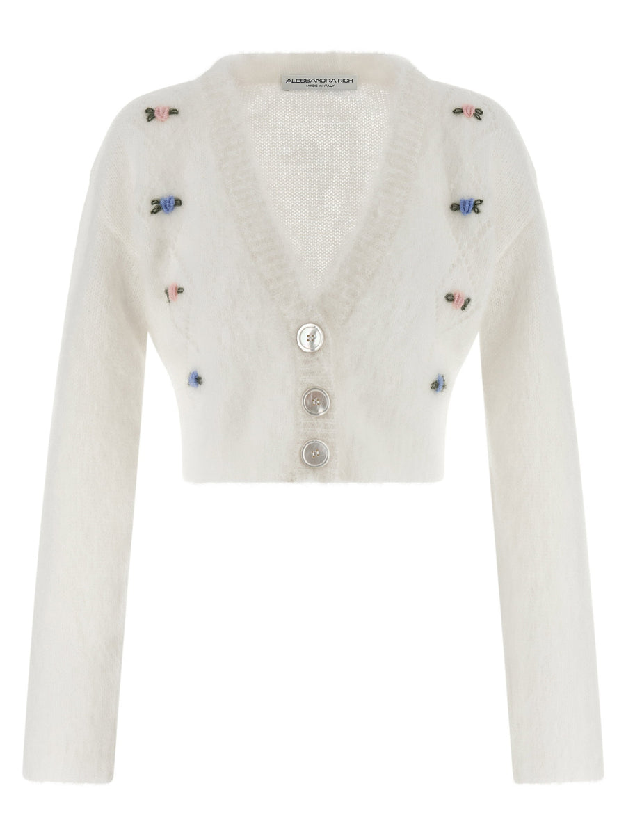 Alessandra Rich Luxury Carded Mohair Cardigan Couture Cropped Knit With Embroidery For Women