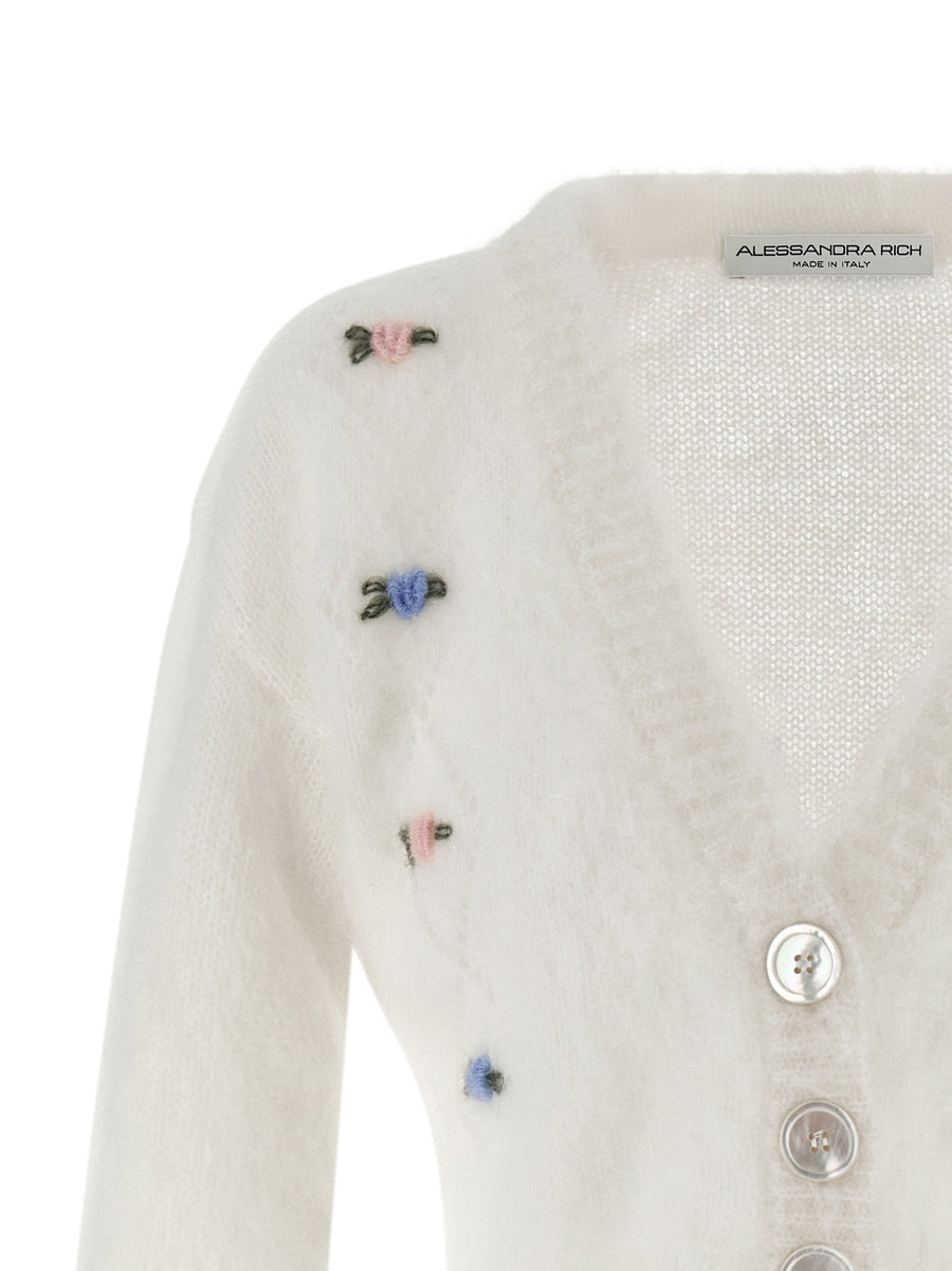 Alessandra Rich Luxury Carded Mohair Cardigan Couture Cropped Knit With Embroidery For Women