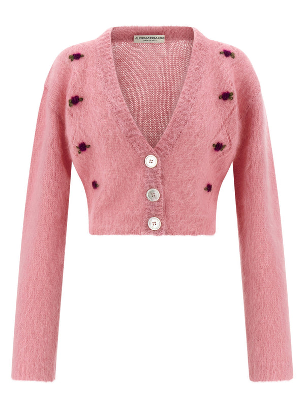 Alessandra Rich Carded Mohair Cardigan Pink Cropped Luxurious Knit for Women with Embroidered Details
