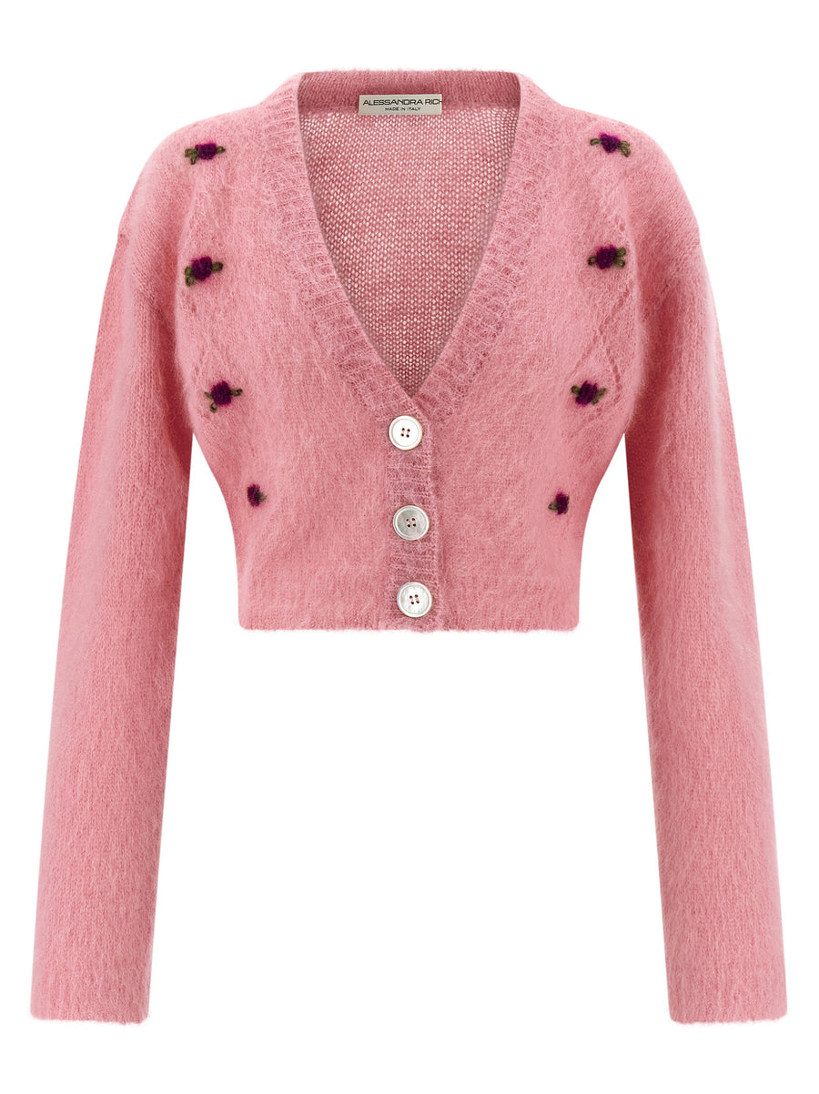Alessandra Rich Carded Mohair Cardigan Pink Cropped Luxurious Knit for Women with Embroidered Details