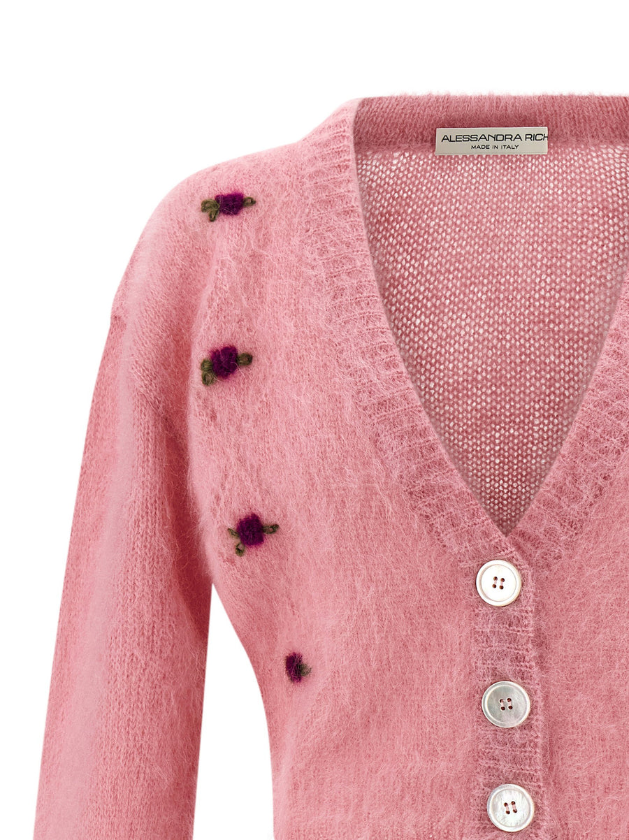 Alessandra Rich Carded Mohair Cardigan Pink Cropped Luxurious Knit for Women with Embroidered Details