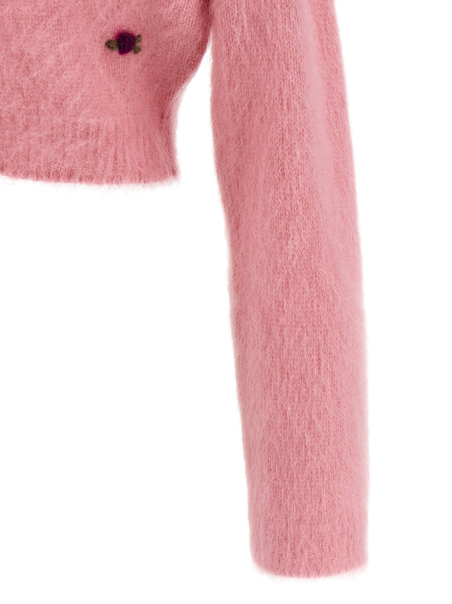 Alessandra Rich Carded Mohair Cardigan Pink Cropped Luxurious Knit for Women with Embroidered Details
