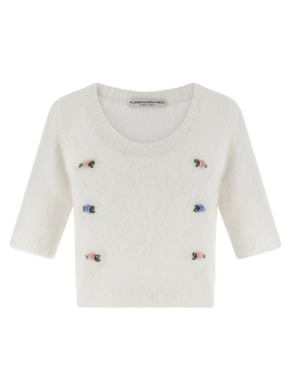 Alessandra Rich Carded Mohair Cardigan Embroidered Cutouts White Cropped Top For Women Luxury Knitwear