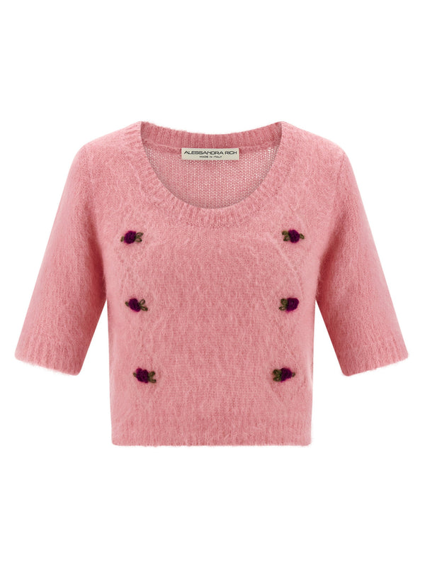 Alessandra Rich Carded Mohair Cardigan Cropped Embroidered Cutout Pink Lux For Women