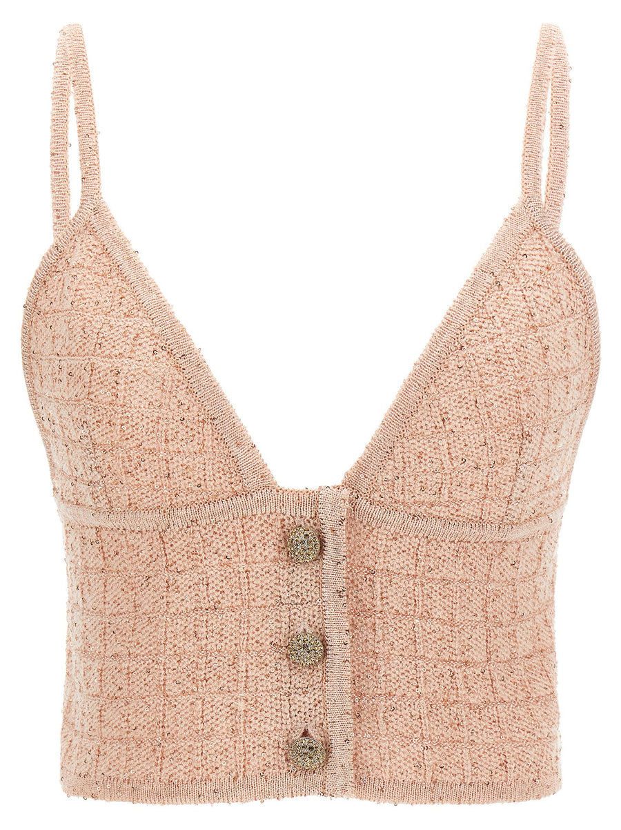 Alessandra Rich Glamorous Pink Sequin Knit Top Triangle Crop With Delicate Straps For Women