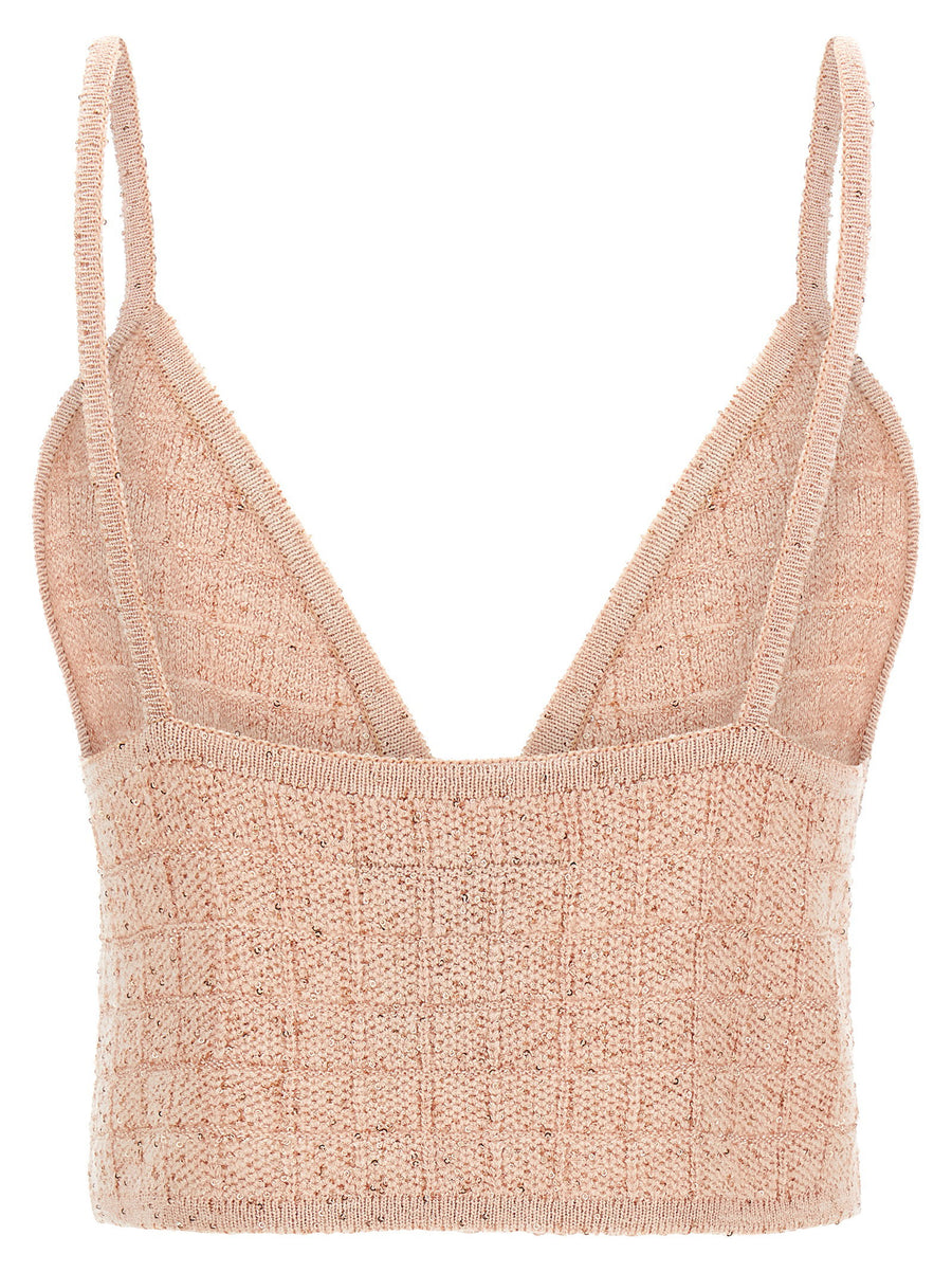 Alessandra Rich Glamorous Pink Sequin Knit Top Triangle Crop With Delicate Straps For Women