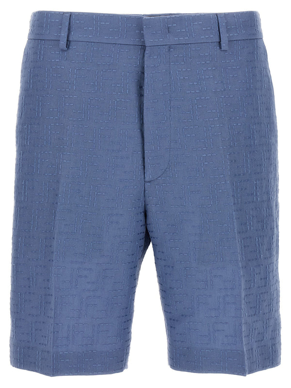 Fendi Light Blue Linen Cotton Bermuda Shorts FF Jacquard