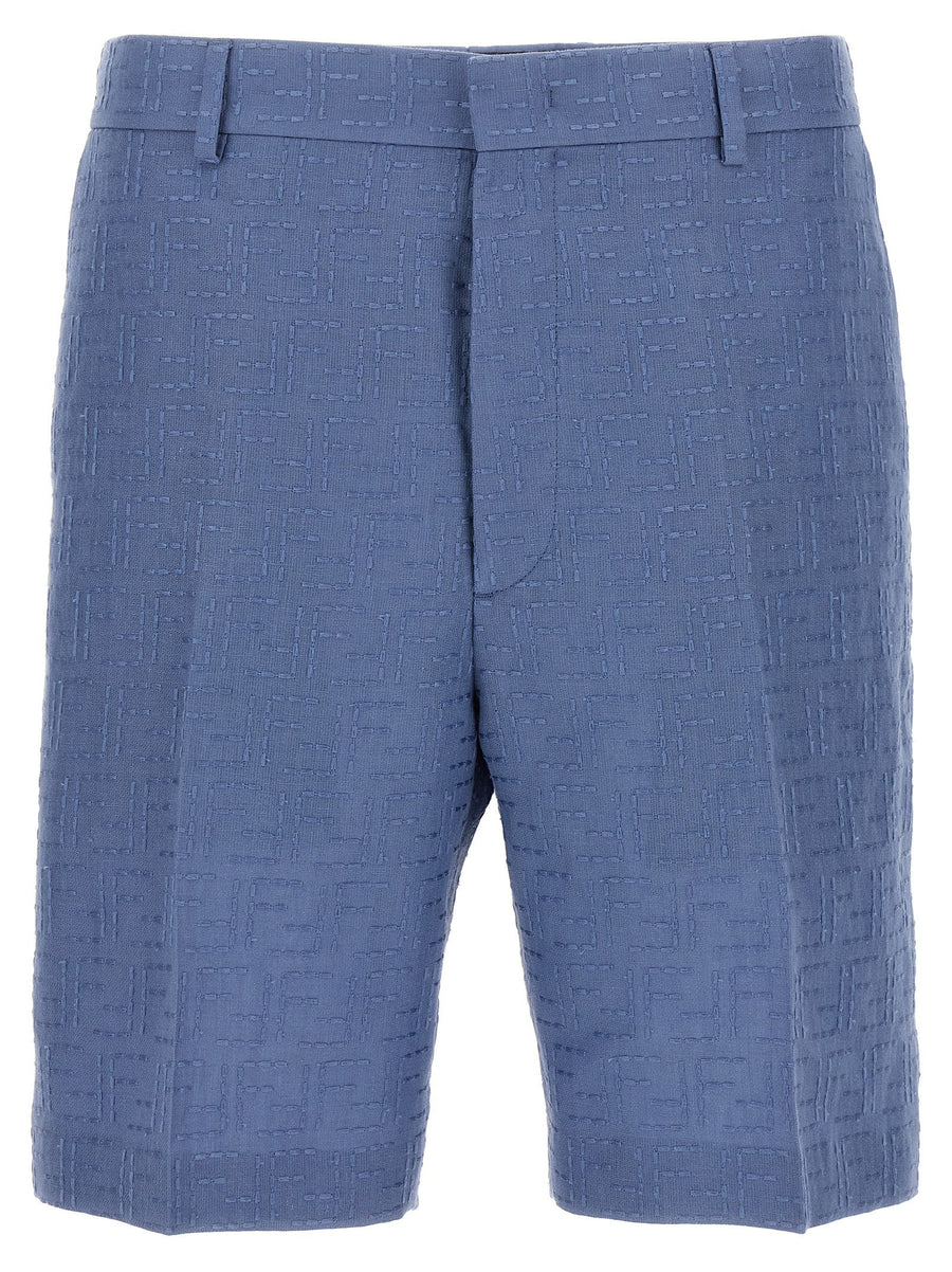 Fendi Light Blue Linen Cotton Bermuda Shorts FF Jacquard