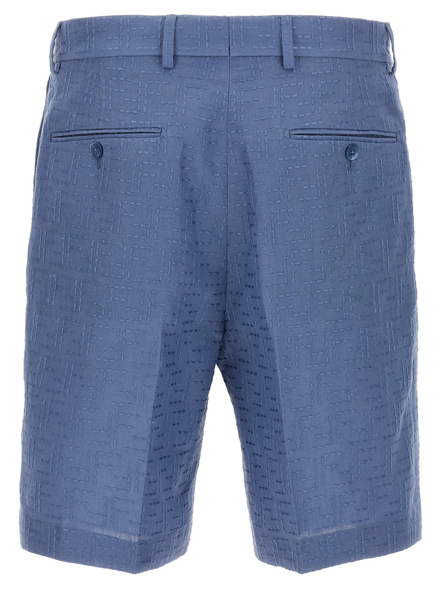 Fendi Light Blue Linen Cotton Bermuda Shorts FF Jacquard