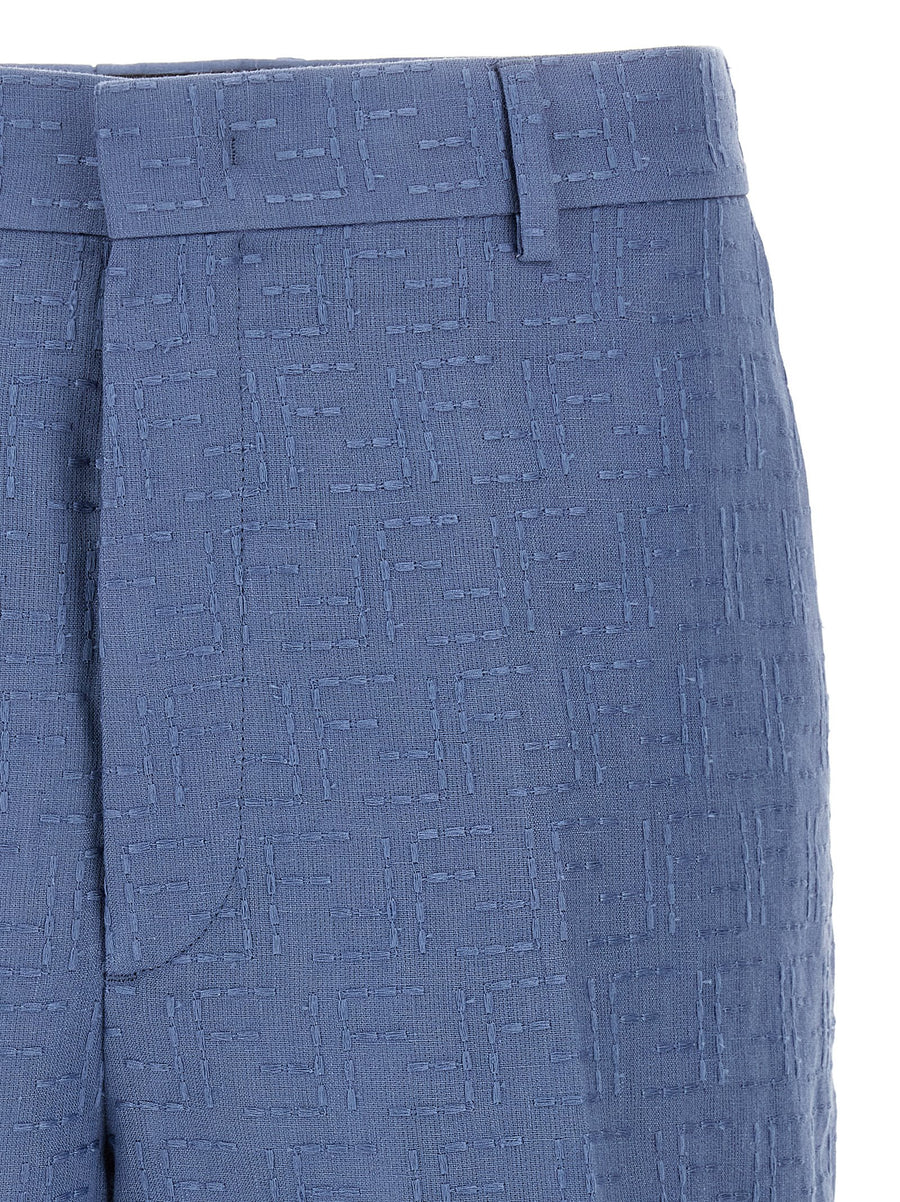 Fendi Light Blue Linen Cotton Bermuda Shorts FF Jacquard